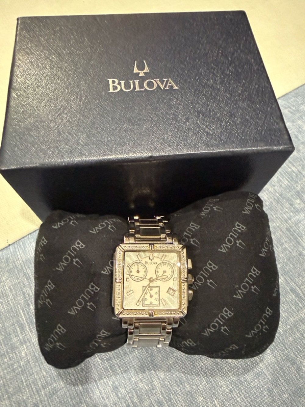 Bulova Silver-Tone Square Chronograph Watch with Gold-Tinted Dial